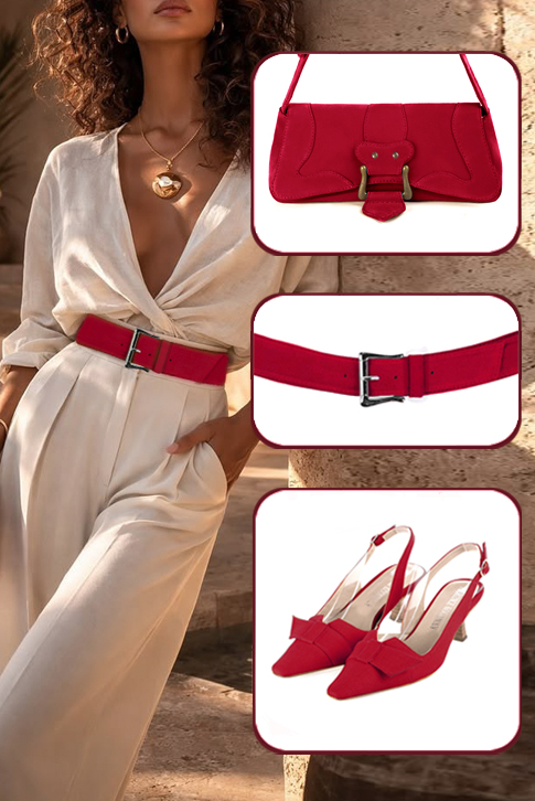 Women's cardinal red elegant slingback heels, with a bow on the front. Tapered toe. Medium spool heels - Top view